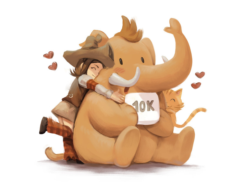 1girl, blush, carrot_(pepper_and_carrot), cat, closed_eyes, david_revoy, group_hug, hat, heart, highres, hug, hug_from_behind, mammoth, mastodon_(microblog), milestone_celebration, pepper_(pepper_and_carrot), pepper_and_carrot, simple_background, smile, tusks, white_background, witch, witch_hat