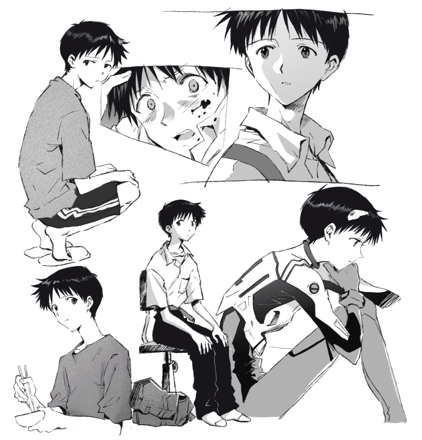 1boy, absurdres, bag, blood, blood_on_face, bodysuit, bowl, breast_pocket, chair, chopsticks, close-up, closed_mouth, collared_shirt, constricted_pupils, cropped_legs, cropped_torso, dot_nose, from_side, full_body, greyscale, hand_on_own_chin, hands_on_own_knees, highres, holding, holding_bowl, holding_chopsticks, ikari_shinji, looking_back, looking_to_the_side, mecha_pilot_suit, monochrome, multiple_views, neon_genesis_evangelion, on_chair, open_mouth, outstretched_arm, parted_lips, plugsuit_(evangelion), pocket, portrait, profile, scared, shirt, short_hair, short_sleeves, shorts, shoulder_bag, sideways_glance, simple_background, sitting, slippers, squatting, strap, tiptoes, upper_body, white_background, wide-eyed, yorumi1117