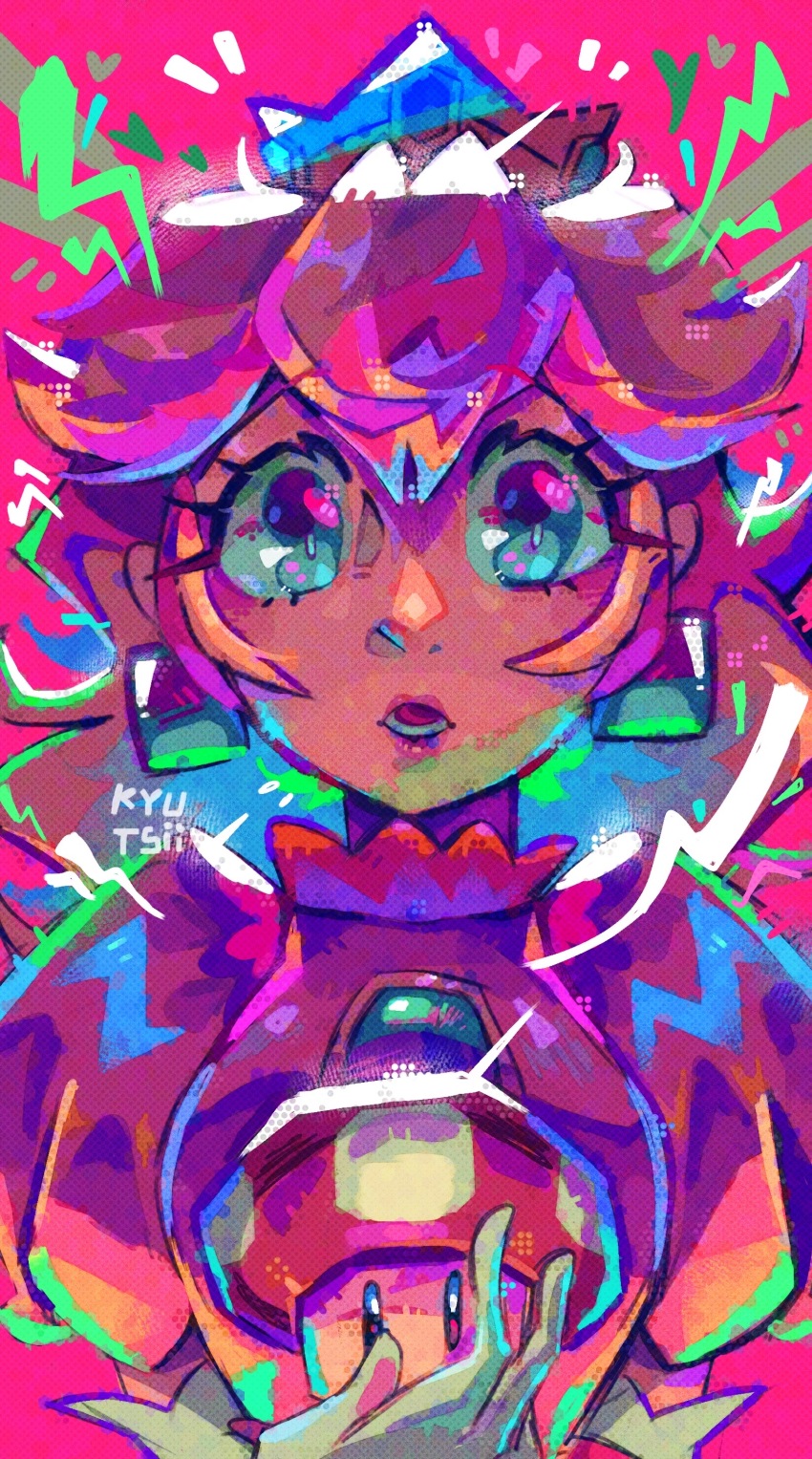 1girl, absurdres, artist_name, blonde_hair, blue_eyes, crown, dress, earrings, gloves, hair_between_eyes, highres, holding, holding_mushroom, jewelry, kyutsii, long_hair, looking_at_viewer, mario_(series), mushroom, nintendo, open_mouth, pink_background, pink_dress, portrait, princess_peach, puffy_short_sleeves, puffy_sleeves, short_sleeves, solo, straight-on, super_mario_bros._1, white_gloves