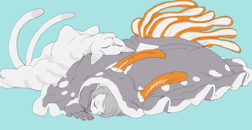 1boy, animal, antennae, blue_background, body_markings, cat, closed_eyes, colored_skin