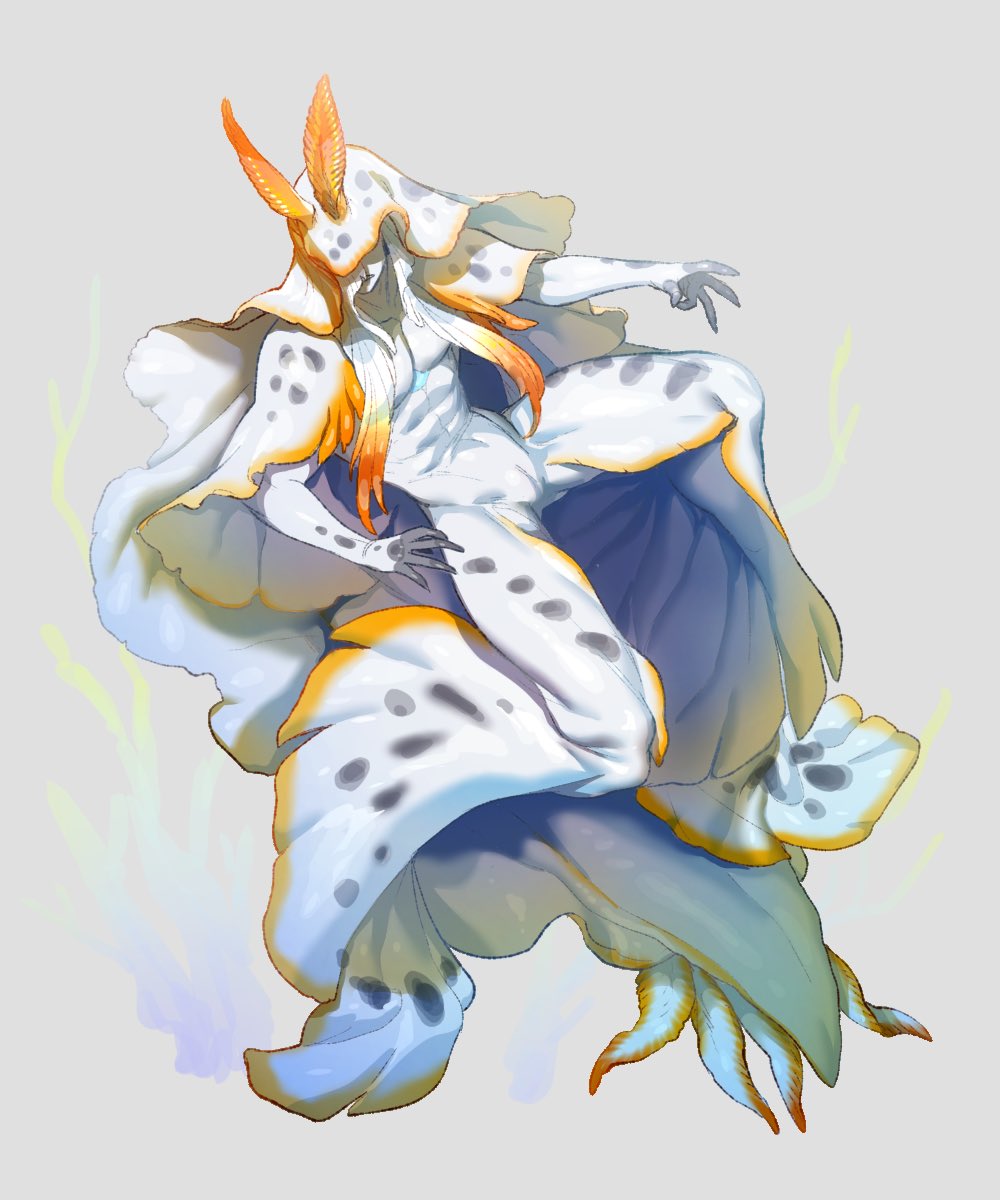 1boy, antennae, body_markings, colored_skin, colored_tips, covered_eyes, floating, full_body, grey_background, grey_scales, highres, long_hair, male_focus, meziro001, monster_boy, multicolored_hair, multicolored_skin, no_feet, nude, orange_hair, orange_skin, original, sea_slug_boy, simple_background, solo, toned, toned_male, white_hair, white_skin
