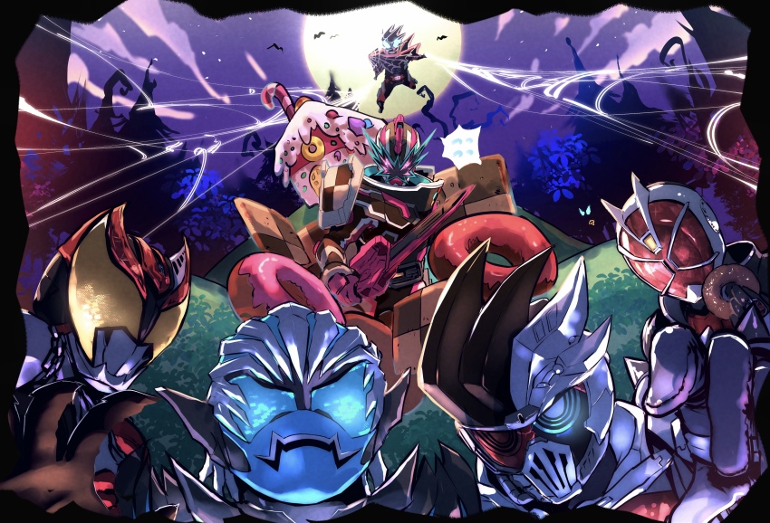 absurdres, armor, black_hair, blue_eyes, bug, candy, candy_cane, demon, demon_boy, food, forest, gem, gingerbread_house, gloves, glowing, glowing_eyes, halloween, happy_halloween, haunting, highres, holding, holding_sword, holding_weapon, horror_(theme), kamen_rider, kamen_rider_demons, kamen_rider_evil, kamen_rider_ex-aid_(series), kamen_rider_genm, kamen_rider_kiva_(series), kamen_rider_revice, kamen_rider_saber_(series), kamen_rider_slash, kamen_rider_wizard_(series), mask, mouth_mask, murasaki_no_ryuuki, nature, night, pink_armor, pointy_ears, red_gem, sky, sound_effects, spider, spiked_hair, sword, tokusatsu, vampire, vice_(kamen_rider_revice), weapon, white_gloves, white_hair, wizard, yellow_eyes, zombie