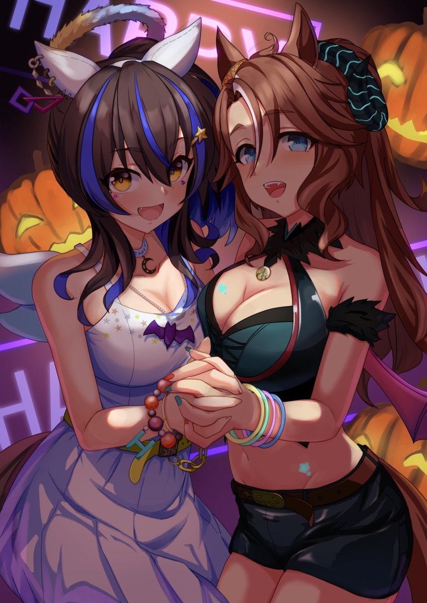 2girls, alternate_costume, animal_ears, black_hair, blush, breasts, brown_hair, cleavage