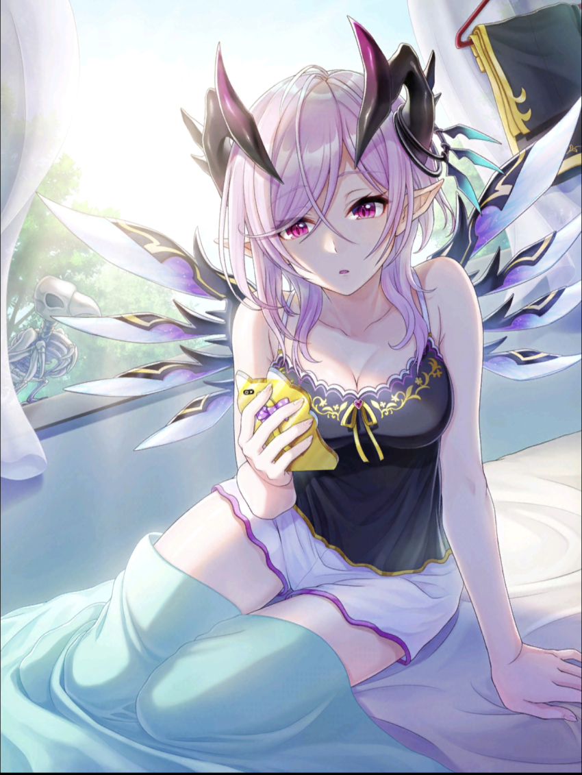 1girl, artist_request, breasts, cellphone, cleavage, demon_horns, highres, horn_ornament