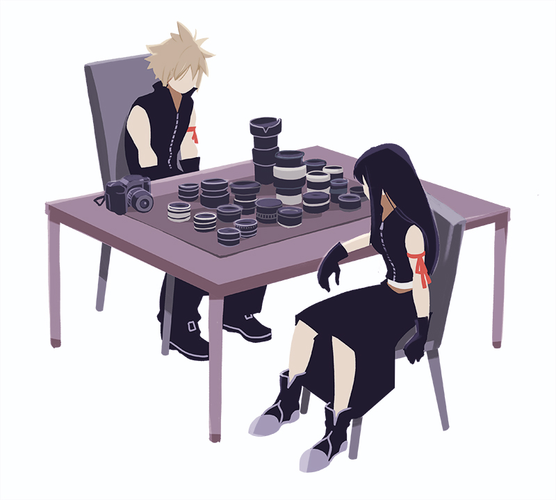 1boy, 1girl, arm_ribbon, bare_shoulders, black_cape, black_footwear, black_gloves, black_hair, black_pants, black_shirt, black_shorts, blonde_hair, boots, breasts, camera, camera_lens, cape, chair, cloud_strife, detached_lens, faceless, final_fantasy, final_fantasy_vii, final_fantasy_vii:_advent_children, full_body, gloves, high_collar, long_hair, midriff_peek, open_collar, pants, pink_ribbon, ribbon, shirt, short_hair, shorts, sitting, sleeveless, sleeveless_shirt, spiked_hair, table, tifa_lockhart, tppqqq7, waist_cape, white_background