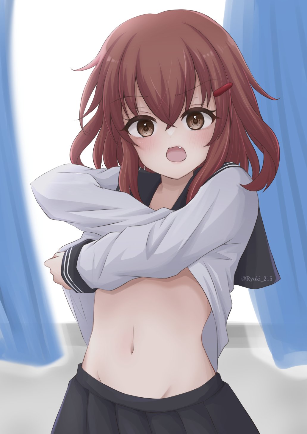 brown_eyes, brown_hair, clothes_lift, curtains, hair_ornament, hairclip, highres, ikazuchi_(kancolle), indoors, kantai_collection, long_hair, looking_at_viewer, medium_hair, navel, ryouki_(ryoki_215), school_uniform, serafuku, shirt_lift, twitter_username