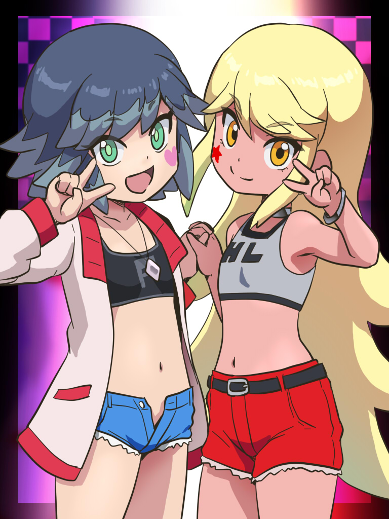 2girls, alternate_costume, awa, belt, black_hair, blonde_hair, choker, closed_mouth, collarbone, daiouji_ema, green_eyes, himekawa_fubuki, holding_hands, jewelry, long_hair, looking_at_viewer, multiple_girls, navel, necklace, open_fly, open_mouth, short_hair, short_shorts, shorts, smile, sports_bra, v, yellow_eyes, youkai_watch, youkai_watch_jam:_youkai_gakuen_y