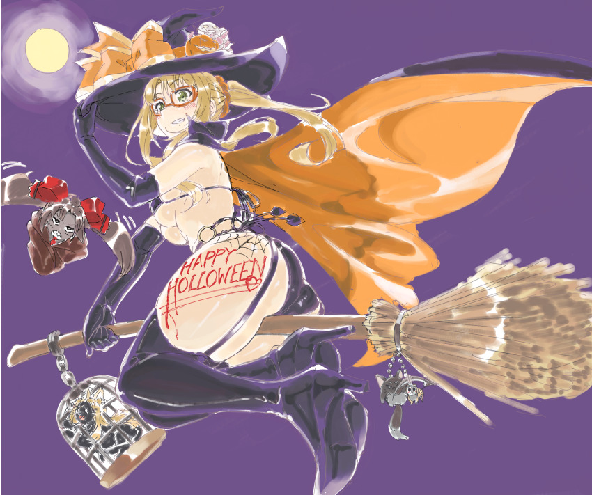 1girl, ass, bikini, black_bikini, black_thighhighs, blonde_hair, body_writing, breasts