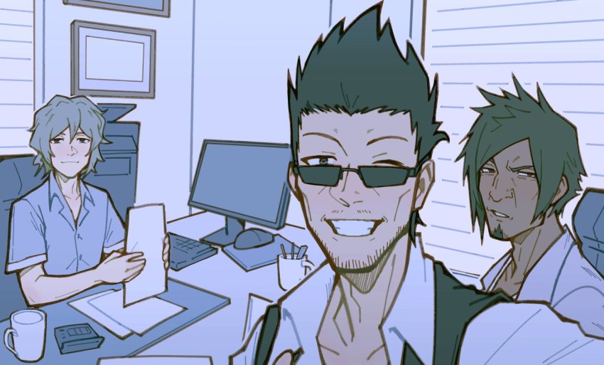 3boys, black_hair, coffee_mug, computer, cup, dark-skinned_male, dark_skin, desk