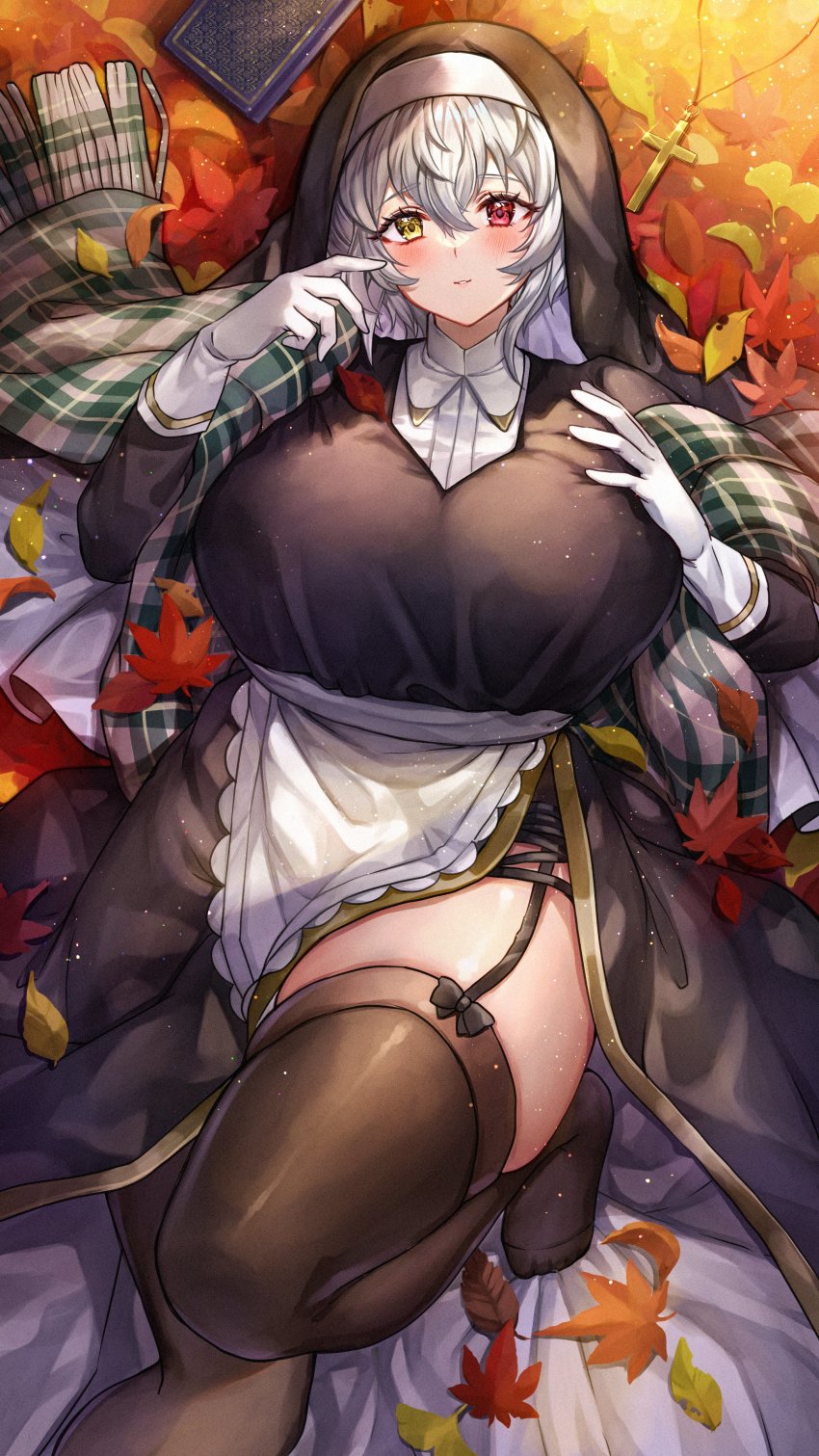 1girl, absurdres, alicia_renato_(yashiro_sousaku), apron, autumn_leaves, black_bow, black_garter_straps, black_headwear