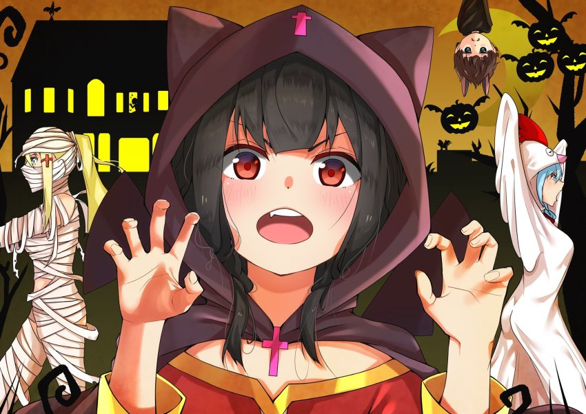 1boy, 3girls, :d, animal, animal_ears, aqua_(konosuba), arms_up, ass, bat_costume, black_hair, blonde_hair, blush, breasts, brown_hair, building, cat, chicken_costume, colorful, cross, cross_hair_ornament, darkness_(konosuba), dress, fake_animal_ears, fang, hair_ornament, hanging, highres, hood, hood_up, kono_subarashii_sekai_ni_shukufuku_wo!, large_breasts, long_hair, long_sleeves, megumin, multiple_girls, mummy_costume, open_mouth, portrait, pumpkin, red_dress, red_eyes, sarasara_shoyu, satou_kazuma, smile, solo_focus, teeth, upper_teeth_only, wings