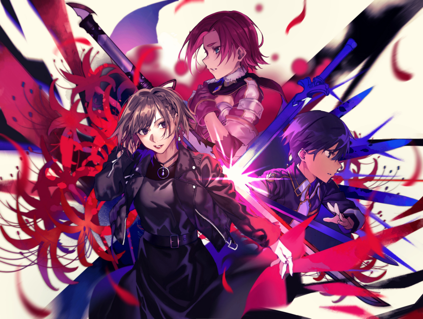 1boy, 2girls, absurdres, black_eyes, black_hair, black_jacket, black_shirt, black_skirt, braid, brown_hair, crown_braid, flower, gloves, highres, hiro_(hirohiro_gorira), jacket, kirito, leather, leather_jacket, looking_at_viewer, looking_to_the_side, medina_orthinanos, multiple_girls, multiple_swords, purple_eyes, purple_gloves, real_life, red_hair, reona_(singer), shirt, short_hair, skirt, sword, sword_art_online, sword_art_online:_alicization_lycoris, weapon