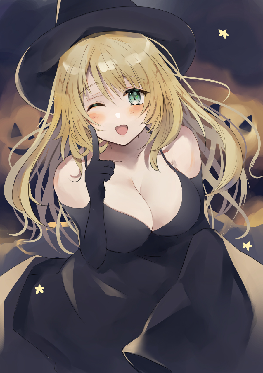 1girl, alternate_costume, atago_(kancolle), black_dress, black_gloves, black_hat, breasts, cleavage, cowboy_shot, dress, elbow_gloves, gloves, halloween_costume, hat, hatomaru_(hatomaru56), highres, index_finger_raised, jack-o'-lantern, kantai_collection, large_breasts, sleeveless, sleeveless_dress, solo, spaghetti_strap, witch_hat