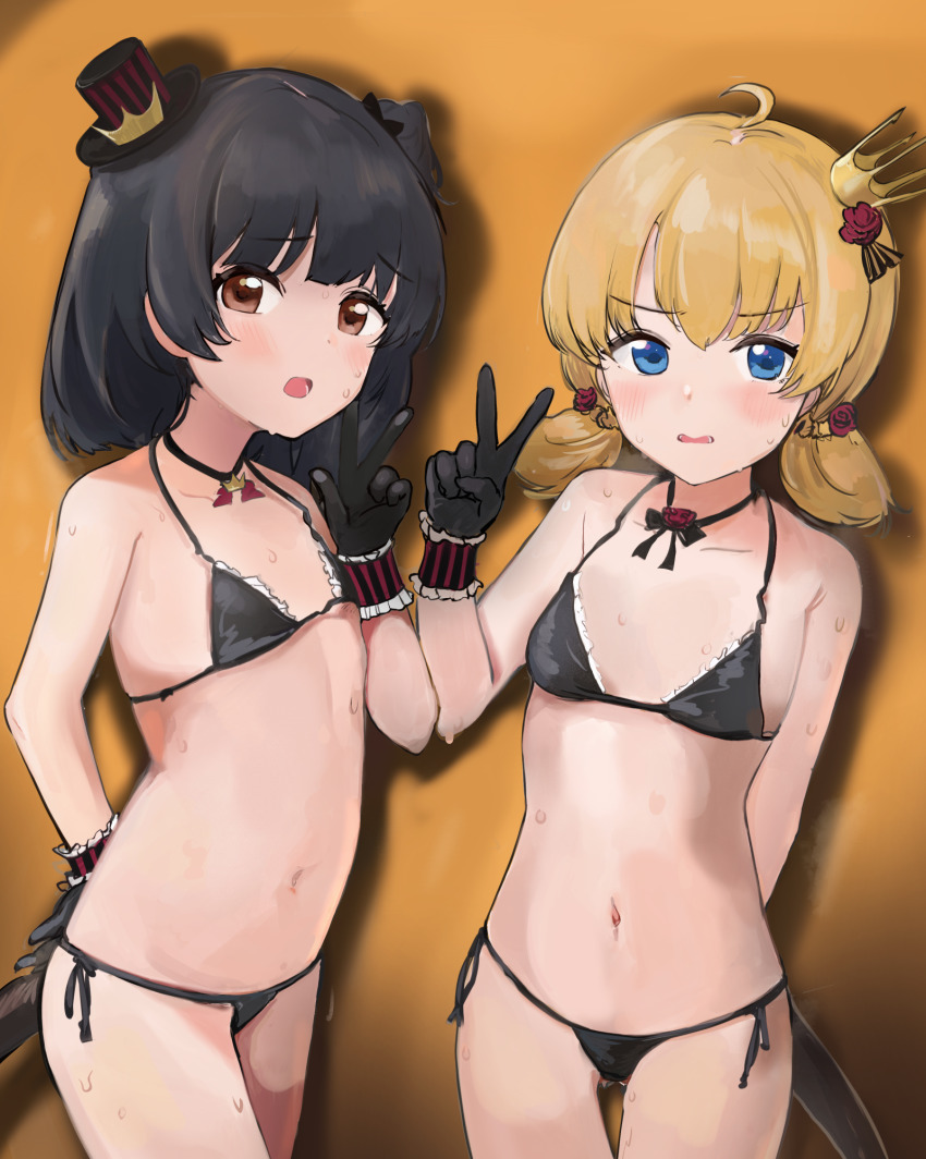 2girls, :o, ahoge, bikini, black_bikini, black_gloves, black_hair, blonde_hair, blush, collarbone, crown, female_focus, flat_chest, gloves, gluteal_fold, gokineko_(roachcat), hat, highres, idolmaster, idolmaster_million_live!, loli, looking_at_viewer, micro_bikini, mini_crown, mini_hat, multiple_girls, nakatani_iku, navel, short_twintails, side-tie_bikini_bottom, simple_background, suou_momoko, sweatdrop, swimsuit, tail, twintails, v, w