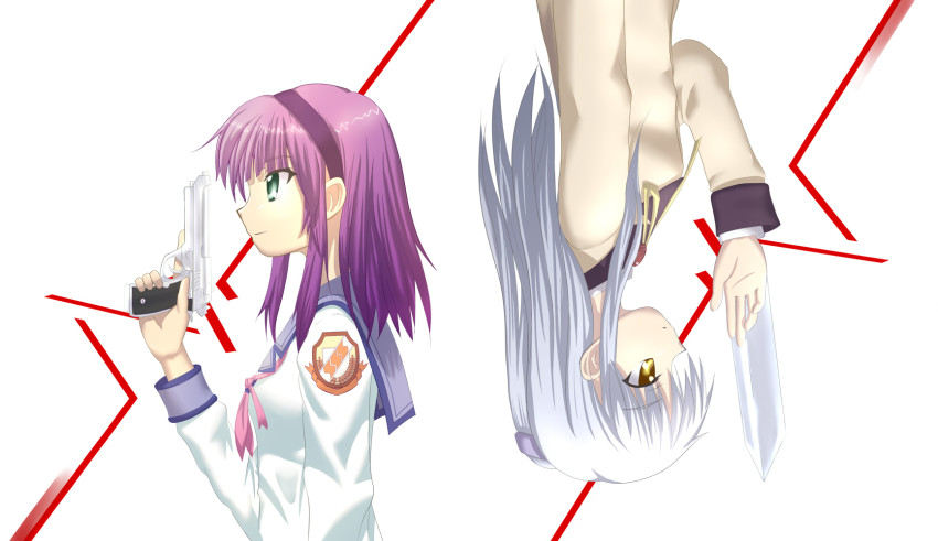 10s, 2girls, angel_beats!, beretta_92, blade, blazer, cardiogram, cocked_hammer