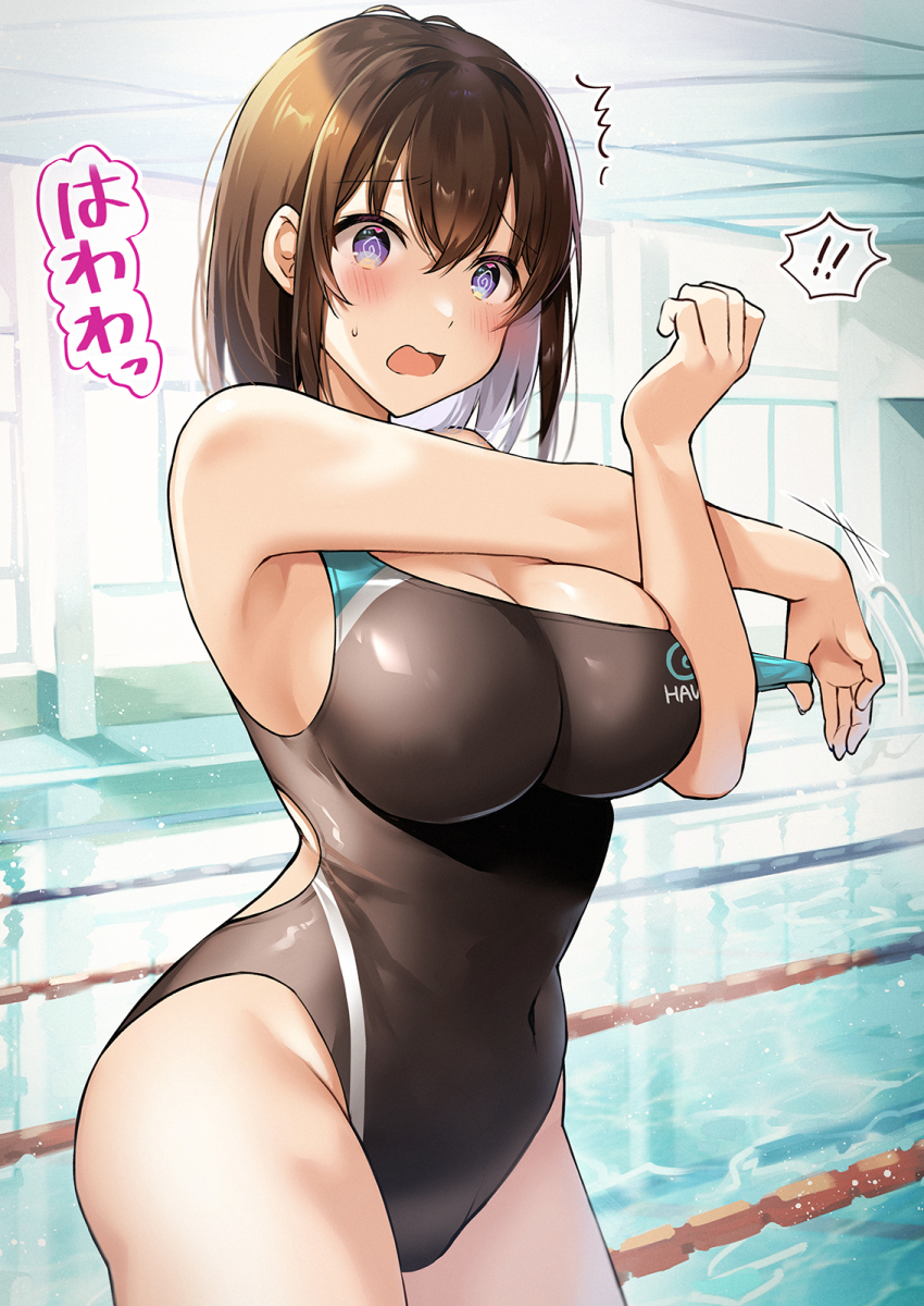 !, !!, 1girl, ?, @_@, black_one-piece_swimsuit, blue_eyes, blush