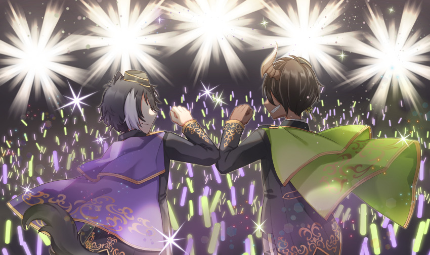 2boys, absurdres, animal_ears, aragami_oga, arm_bump, ayoiji, black_hair, black_headwear