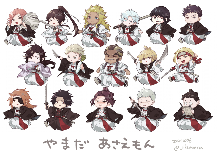 ahoge, angry, antenna_hair, arm_up, asymmetrical_dual_wielding, aza_touma, bag, black_hair