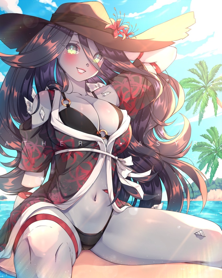 1girl, absurdres, bikini, bikini_under_clothes, black_hair, black_panties, blue_skin, blush, breasts, cleavage, colored_skin, dead_by_daylight, green_eyes, hat, highres, hooked_on_you, japanese_clothes, large_breasts, long_hair, panties, shiny_skin, smile, solo, swimsuit, the_spirit_(dead_by_daylight), underwear