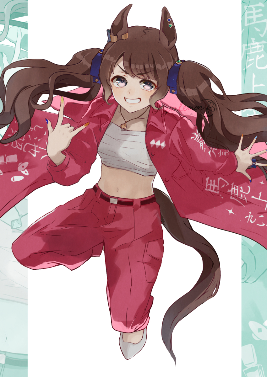 1girl, animal_ears, belt, blue_ribbon, brown_hair, cargo_pants, chest_sarashi, coat
