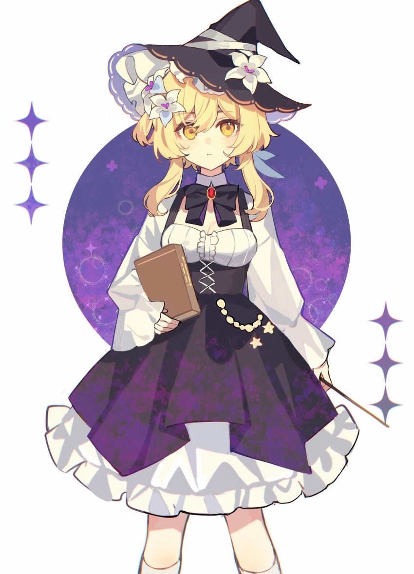 1girl, black_corset, black_hat, blonde_hair, book, chain, closed_mouth, corset