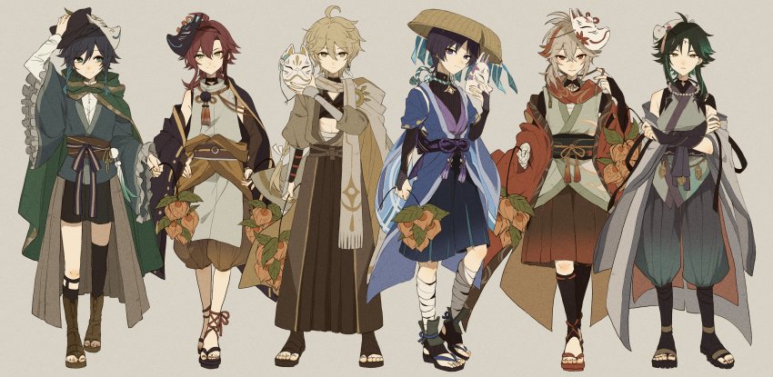 6+boys, absurdres, aether_(genshin_impact), ahoge, alternate_costume, arm_armor, arm_up, baggy_pants