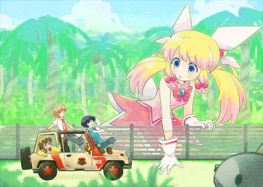 1girl, 3boys, azuchimomoyama_kurumi, black_hair, blonde_hair, blue_eyes, bow, brown_hair, car, fence, giant, giantess, glasses, gloves, hair_bow, jeep_wrangler, jurassic_park, motor_vehicle, multicolored_hair, multiple_boys, palm_tree, parody, pink_hair, pink_skirt, prima_pink, satou_shigeru, seizei_ganbare!_mahou_shoujo_kurumi, skirt, spare_tire, sports_utility_vehicle, suzuki_kiyoshi, sweater_vest, takashi_isamu, tree, tsunoji, twintails, two-tone_hair, unused_tire, white_gloves