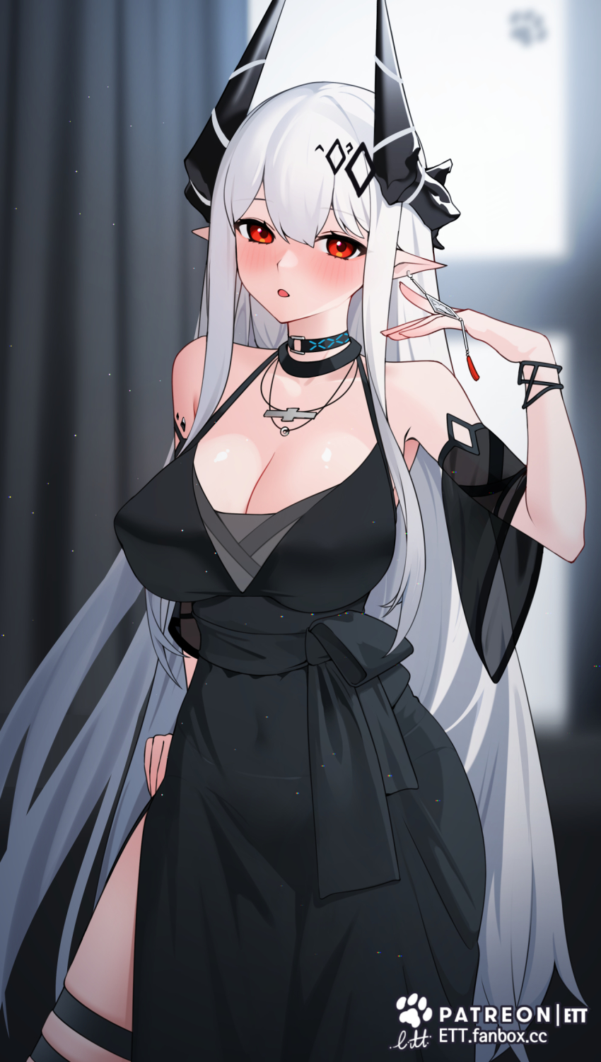 1girl, arknights, bare_shoulders, black_choker, black_dress, blush, breasts, choker, cleavage, commentary_request, cowboy_shot, detached_sleeves, dress, earrings, ett, hand_up, highres, horns, infection_monitor_(arknights), jewelry, large_breasts, long_hair, looking_at_viewer, material_growth, mudrock_(arknights), mudrock_(obsidian)_(arknights), official_alternate_costume, oripathy_lesion_(arknights), parted_lips, pointy_ears, red_eyes, short_sleeves, sleeveless, sleeveless_dress, solo, standing, thigh_strap, very_long_hair, white_hair