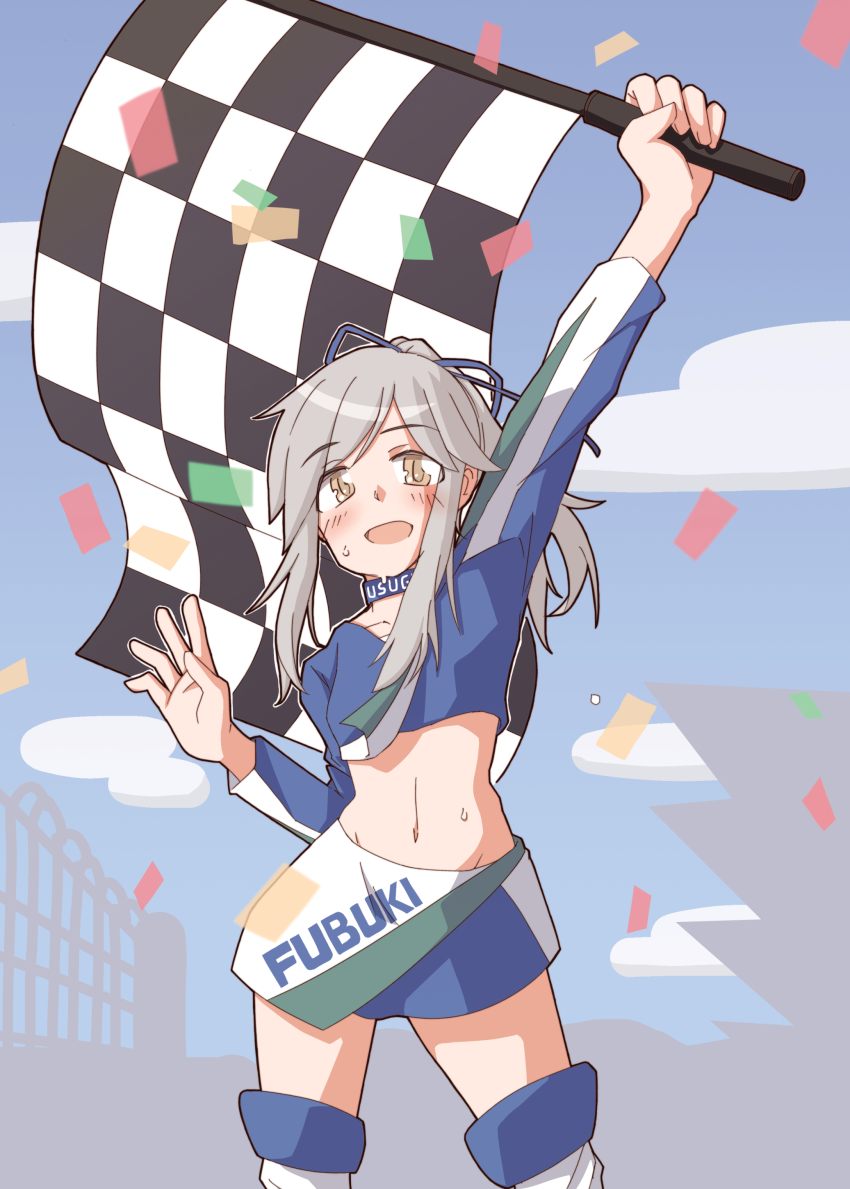 1girl, absurdres, arm_up, blue_choker, blue_shirt, blue_sky, brown_eyes, character_name