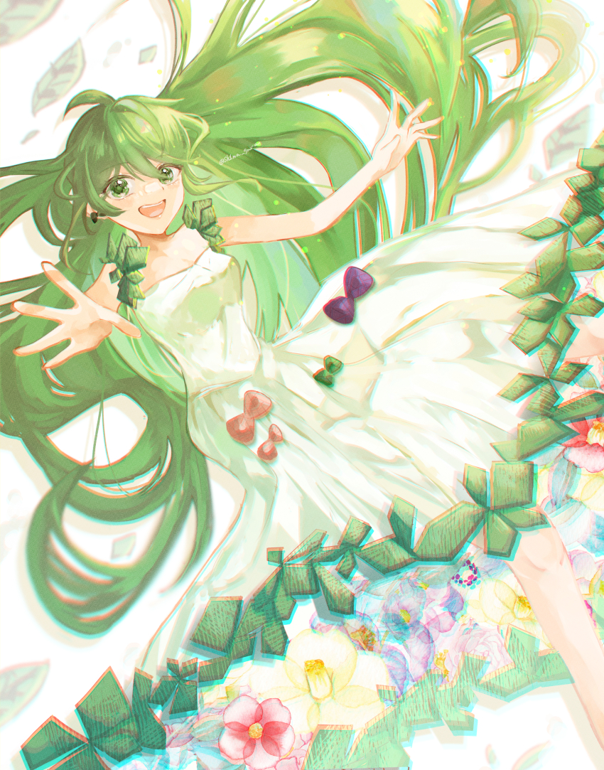 1girl, :d, absurdres, artist_name, bow, breasts, cleavage, dress