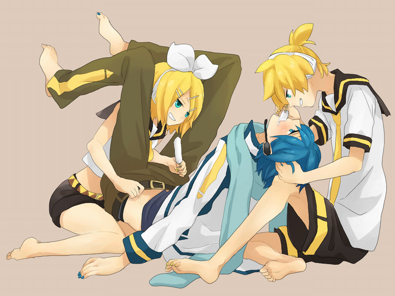 1girl, 2boys, akiyoshi, akiyoshi_(tama-pete), aqua_eyes, bad_id, bad_pixiv_id, barefoot, bisexual_male, blonde_hair, blue_hair, blue_scarf, blush, bullying, food, hair_ornament, hair_ribbon, hairclip, kagamine_len, kagamine_rin, kaito_(vocaloid), multiple_boys, necktie, popsicle, ribbon, scarf, sexually_suggestive, short_hair, siblings, smile, twins, vocaloid, yellow_necktie, you_gonna_get_raped