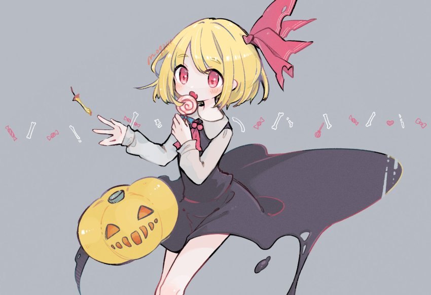 1girl, apple, black_dress, blonde_hair, candy, cartoon_bone, collared_shirt, commentary_request