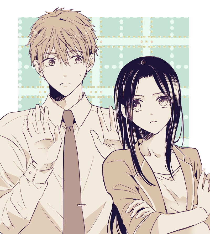1boy, 1girl, annoyed, black_hair, blazer, blonde_hair, brown_eyes, checkered_background