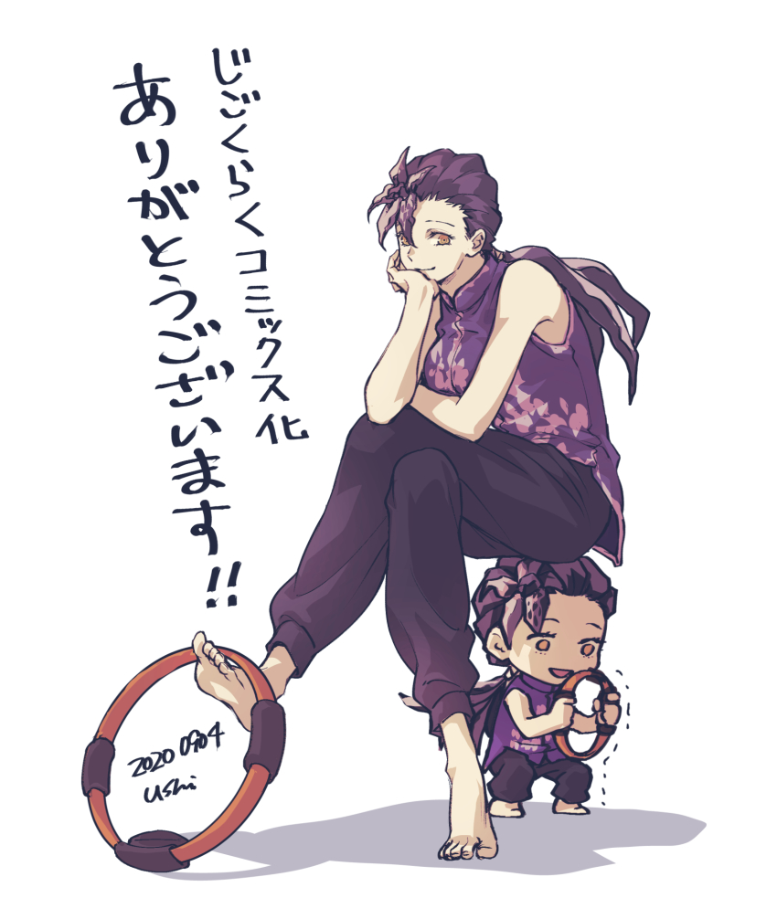 1girl, barefoot, chibi, chinese_clothes, crossed_legs, flower, frustrated, genderswap, genderswap_(mtf), head_rest, highres, jigokuraku, long_hair, looking_at_viewer, low_ponytail, nintendo, orchid, ponytail, purple_shirt, ran_(jigokuraku), ring_fit_adventure, shirt, simple_background, sitting, sitting_on_person, sleeveless, ushi_424, white_background, yellow_eyes