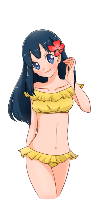 1girl, arm_behind_back, bare_arms, bikini, blue_eyes, blue_hair, closed_mouth, collarbone