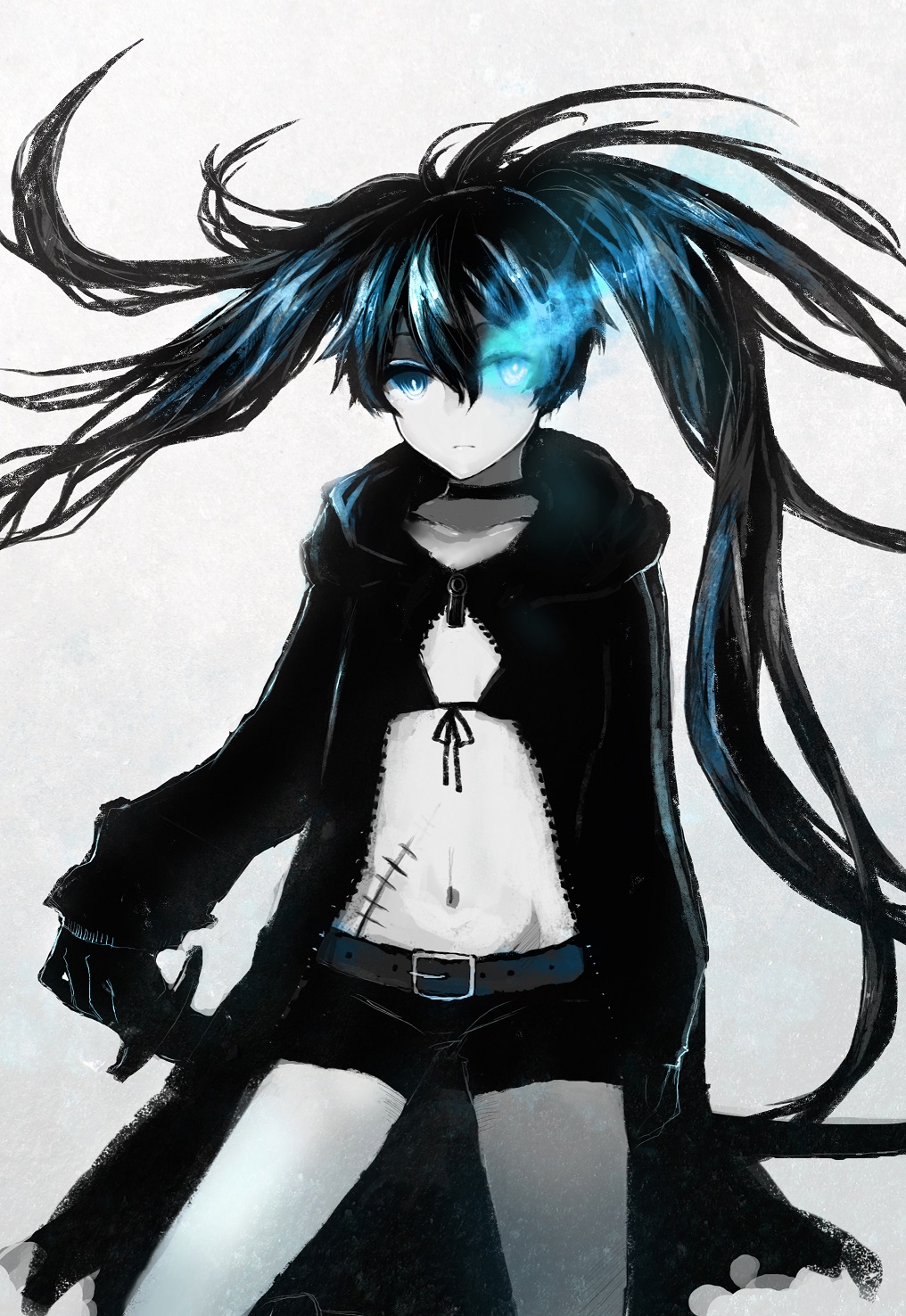 1girl, belt, belt_buckle, bikini, bikini_top_only, bikini_under_clothes, black_bikini, black_choker