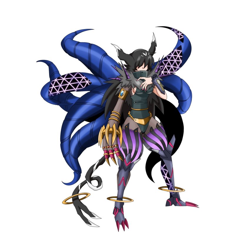 1girl, bastemon, blacktailmon_uver., claws, digimon, fusion, garurumon_(black), highres, jewelry, meicrackmon_vicious_mode, multiple_tails, rasenmon_fury_mode, ring, solo, tail