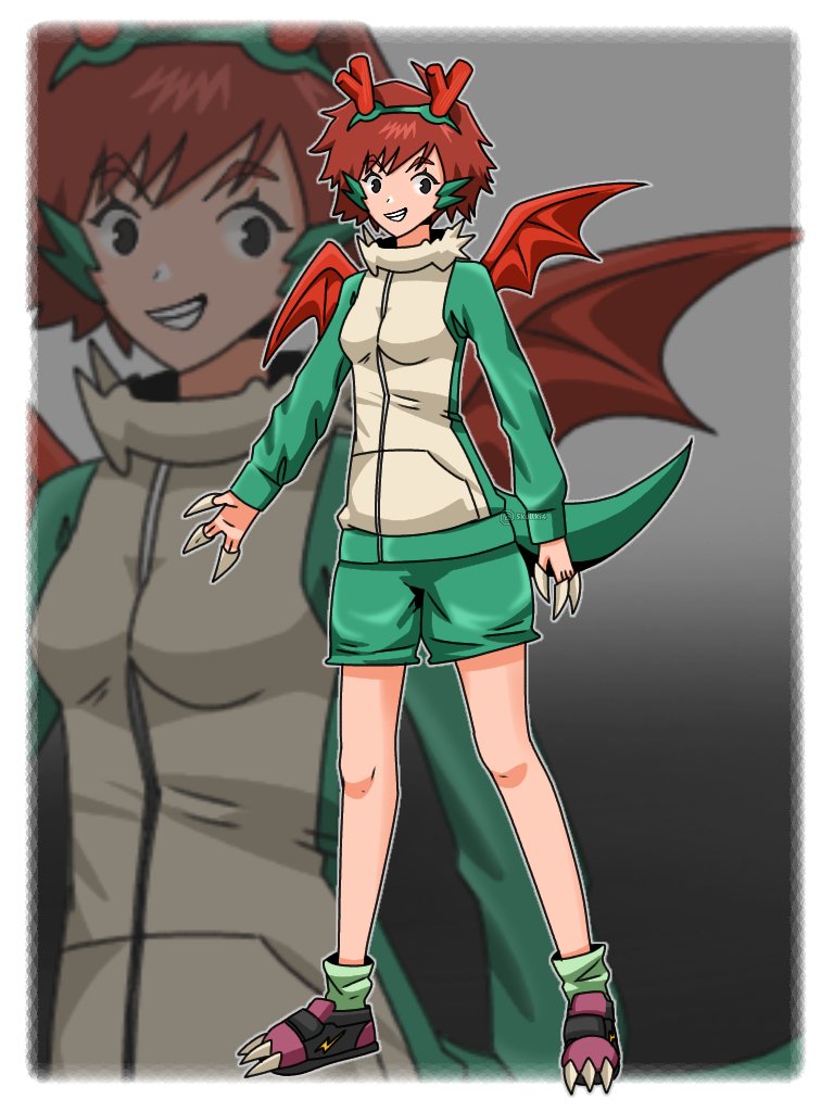 1girl, breasts, cosplay, digimon, dracomon, dracomon_(cosplay), full_body, genderswap, genderswap_(mtf), original, smile, solo, tail, wings, zoom_layer