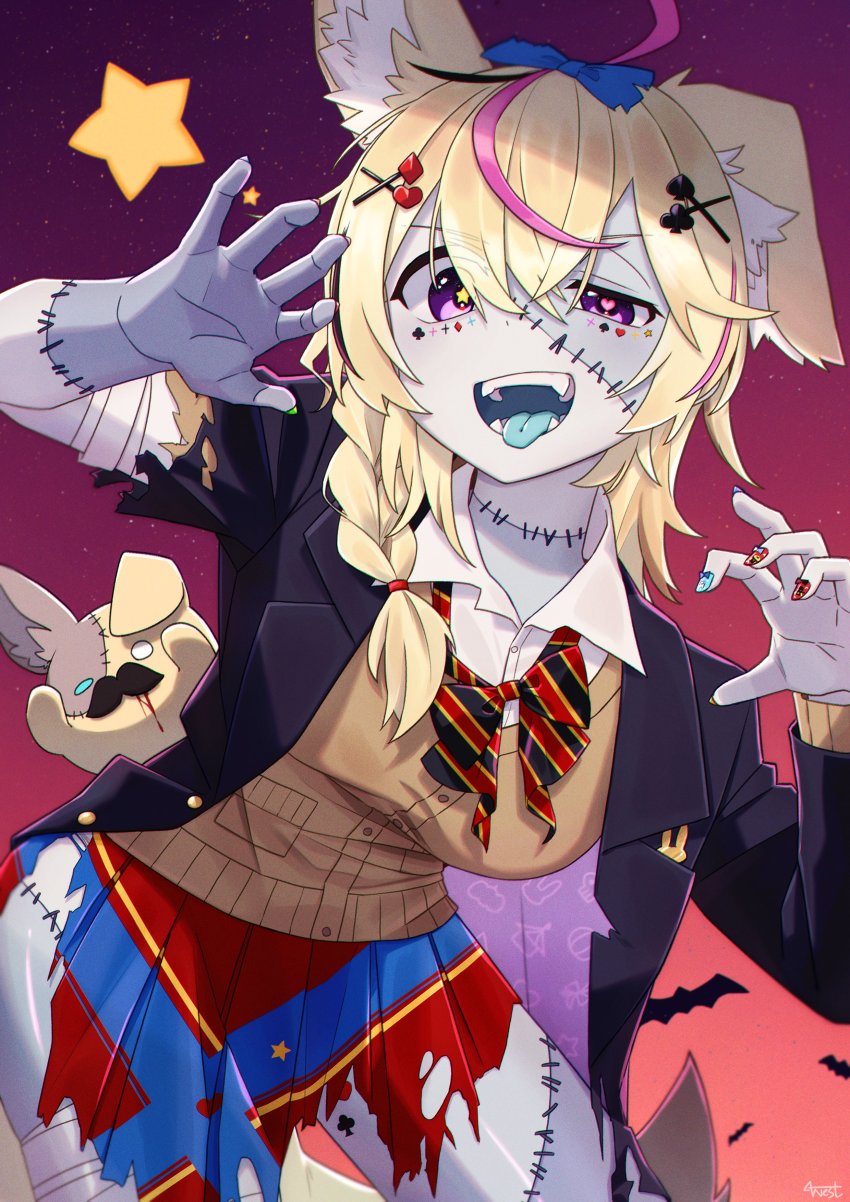 1girl, absurdres, animal_ear_fluff, animal_ears, bandaged_arm, bandaged_leg, bandages, bat_(animal)