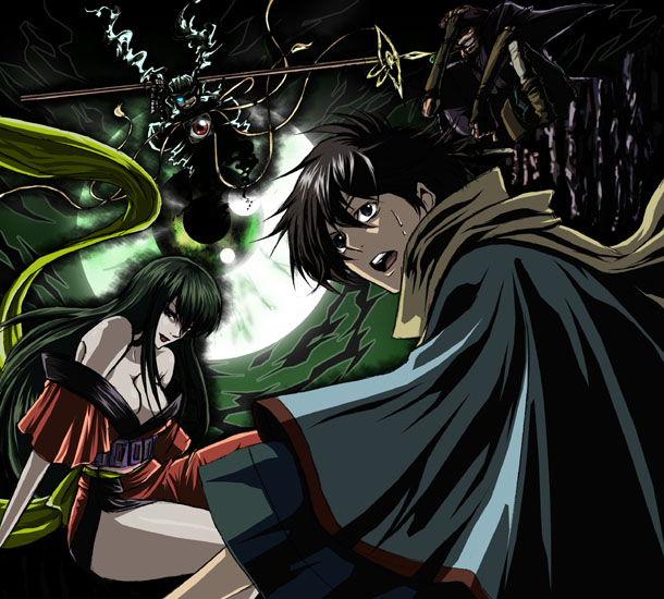 00s, bare_shoulders, black_eyes, black_hair, breasts, brown_hair, cleavage, grin