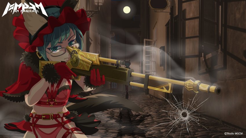 1girl, aiming, alley, animal_ears, aqua_eyes, aqua_hair, artist_request, belt
