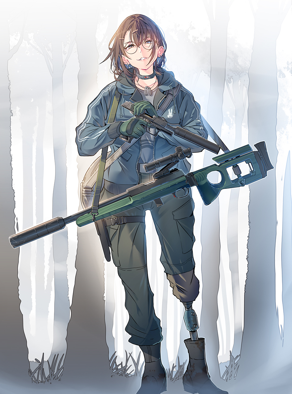 1girl, ammunition, amputee, bolt_action, boots, brown_hair, bullet, daito
