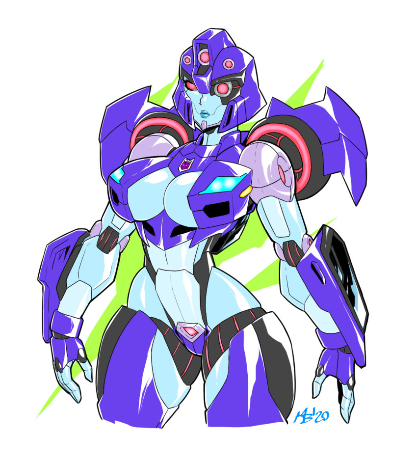 1girl, blue_lips, breasts, cleavage, commentary, cowboy_shot, cropped_legs, decepticon, english_commentary, highres, looking_ahead, mad_project, mecha, medium_breasts, open_hands, robot, science_fiction, shadow_striker_(transformers), solo, transformers, transformers:_cyberverse, white_background