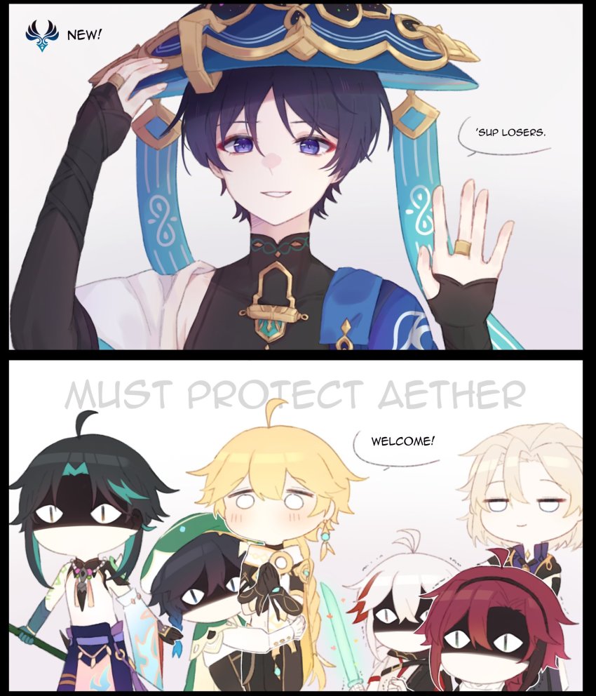 aether_(genshin_impact), albedo_(genshin_impact), comic, commentary, english_commentary, english_text, genshin_impact, grey_background, highres, kaedehara_kazuha, kyou_0120, scaramouche_(genshin_impact), shikanoin_heizou, simple_background, speech_bubble, venti_(genshin_impact), wanderer_(genshin_impact), white_background, xiao_(genshin_impact)