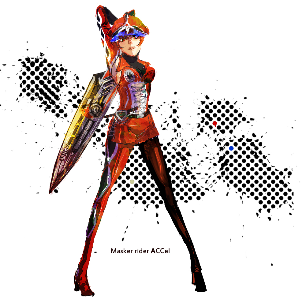 hat, kamen_rider, kamen_rider_accel, kamen_rider_w, miniskirt, munagro, personification, rider-tan, skirt, solo, sword, weapon