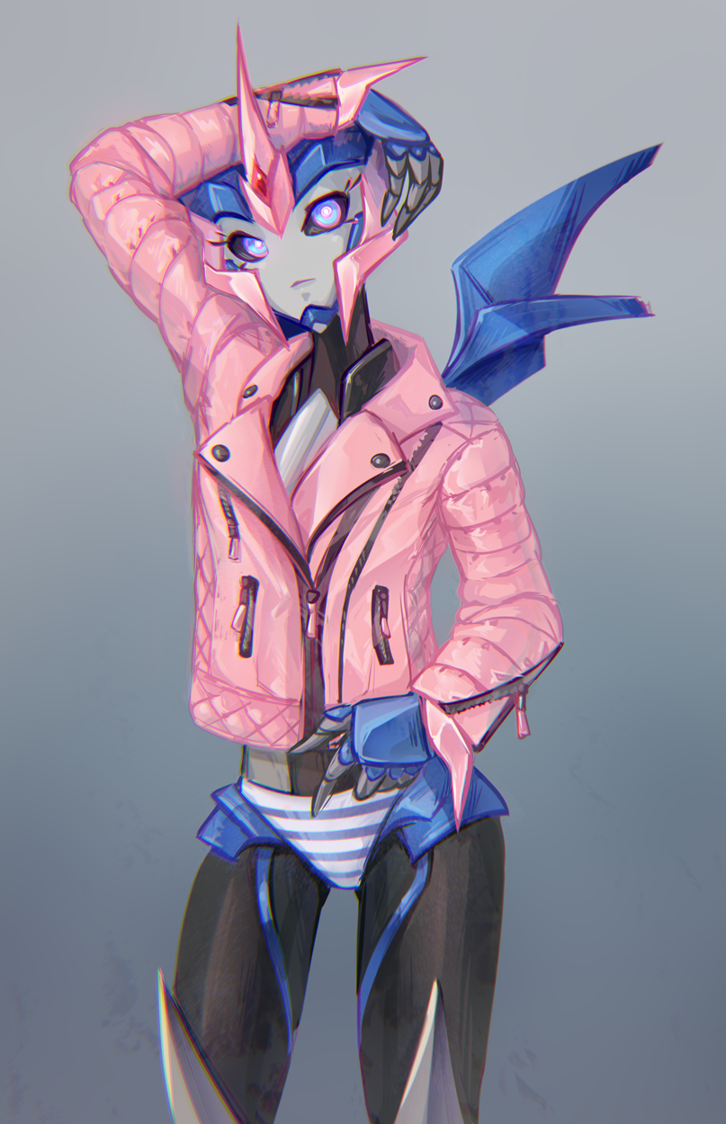 1girl, arcee, arcee_(prime), autobot, black_sclera, blue_eyes, blue_panties, clothed_robot, colored_sclera, commentary, cowboy_shot, english_commentary, grey_background, hand_on_own_head, highres, humanoid_robot, jacket, leather, leather_jacket, looking_at_viewer, mecha, panties, pink_jacket, robot, science_fiction, solo, transformers, transformers:_prime, underwear, w3nugae
