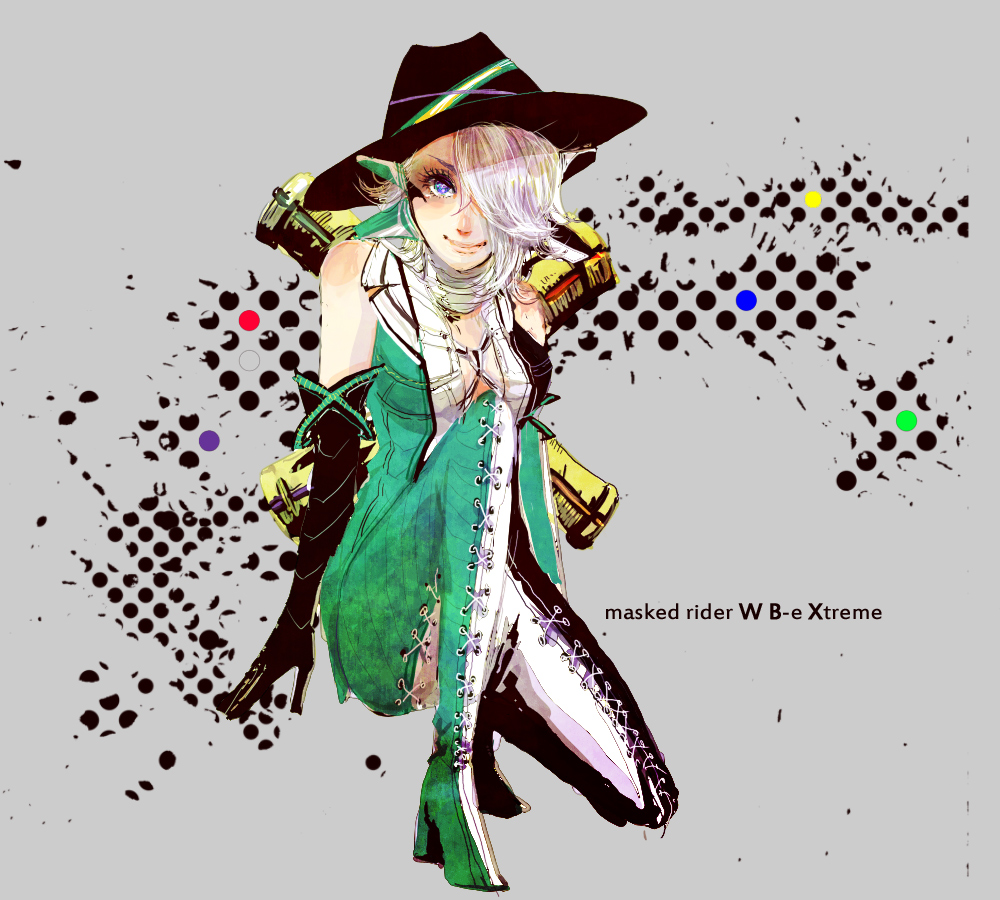 elbow_gloves, gloves, hair_over_one_eye, hat, kamen_rider, kamen_rider_double, kamen_rider_double_(cyclonejokerxtreme), kamen_rider_w