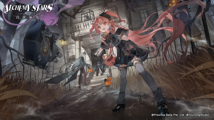 1boy, 2girls, alchemy_stars, bag, bare_tree, baseball_bat, beret, black_cat, black_coat, black_dress, black_footwear, black_gloves, black_headwear, black_pants, black_thighhighs, boarded_windows, camera, cat, coat, company_name, copyright_name, creature, demon_tail, dress, fence, gloves, grass, grey_hair, hat, high_heels, highres, holding, holding_microphone, horns, house, jack-o'-lantern, lamppost, lilica_(alchemy_stars), long_hair, microphone, minos_(alchemy_stars), multiple_girls, off-shoulder_dress, off_shoulder, official_art, outdoors, pants, pink_hair, rain, sadie_(alchemy_stars), scarecrow, shoulder_bag, sitting, stairs, standing, tail, thighhighs, tree, two_side_up, very_long_hair, window
