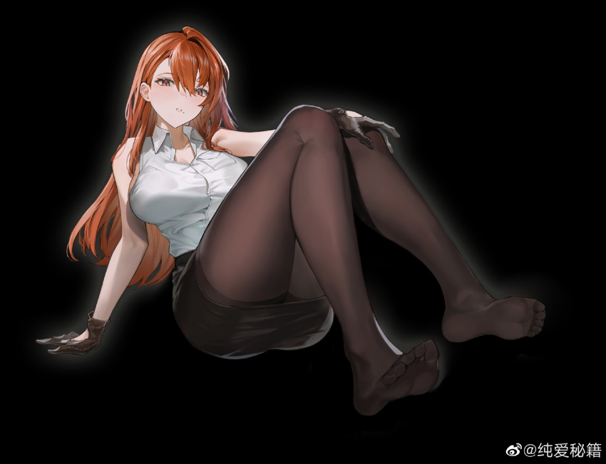 1girl, alchemy_stars, arm_support, black_background, black_gloves, black_pantyhose, black_skirt, breast_pocket, breasts, brown_eyes, brown_hair, collared_shirt, feet, foreshortening, full_body, gloves, highres, knees_up, large_breasts, long_hair, looking_at_viewer, mole, mole_under_eye, no_shoes, pantyhose, pencil_skirt, pocket, se_tu_miji, shirt, shirt_tucked_in, siobhan_(alchemy_stars), sitting, skirt, sleeveless, sleeveless_shirt, soles, solo, toes, watermark, weibo_watermark, white_shirt