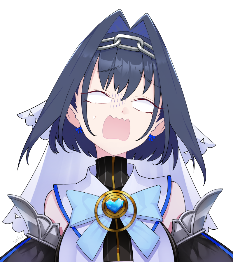 1girl, black_shirt, blank_eyes, blue_bow, blue_eyes, blue_gem, blue_hair, bow